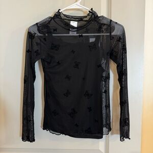Black Mesh Long-Sleeve Butterfly Top